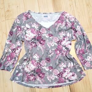 Basic Editions Floral Tunic Top Gray Pink XL